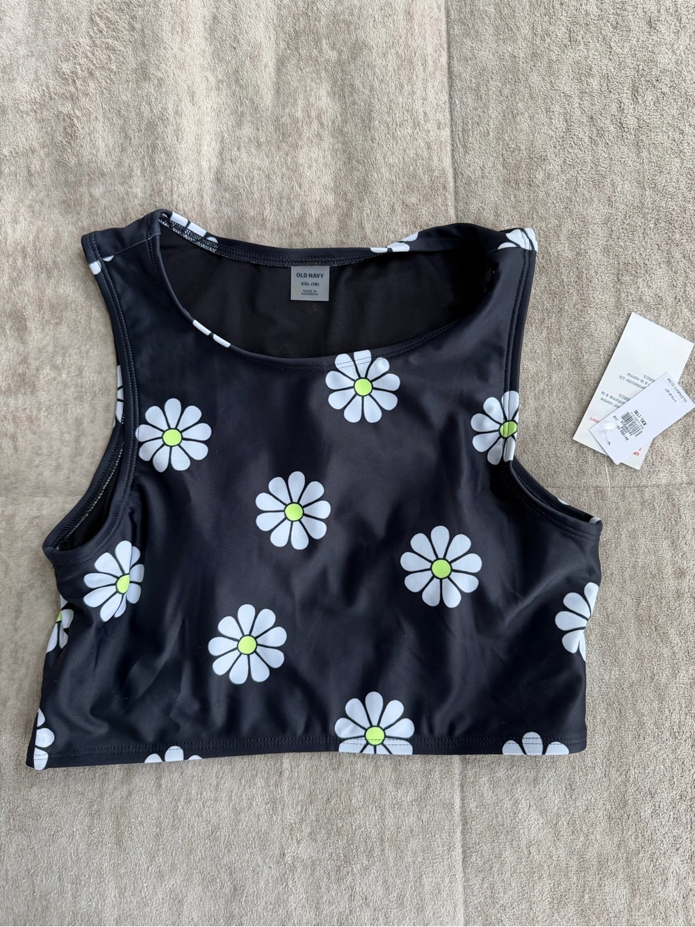 Old Navy Black Daisy Crop Tank with White & Lime Print